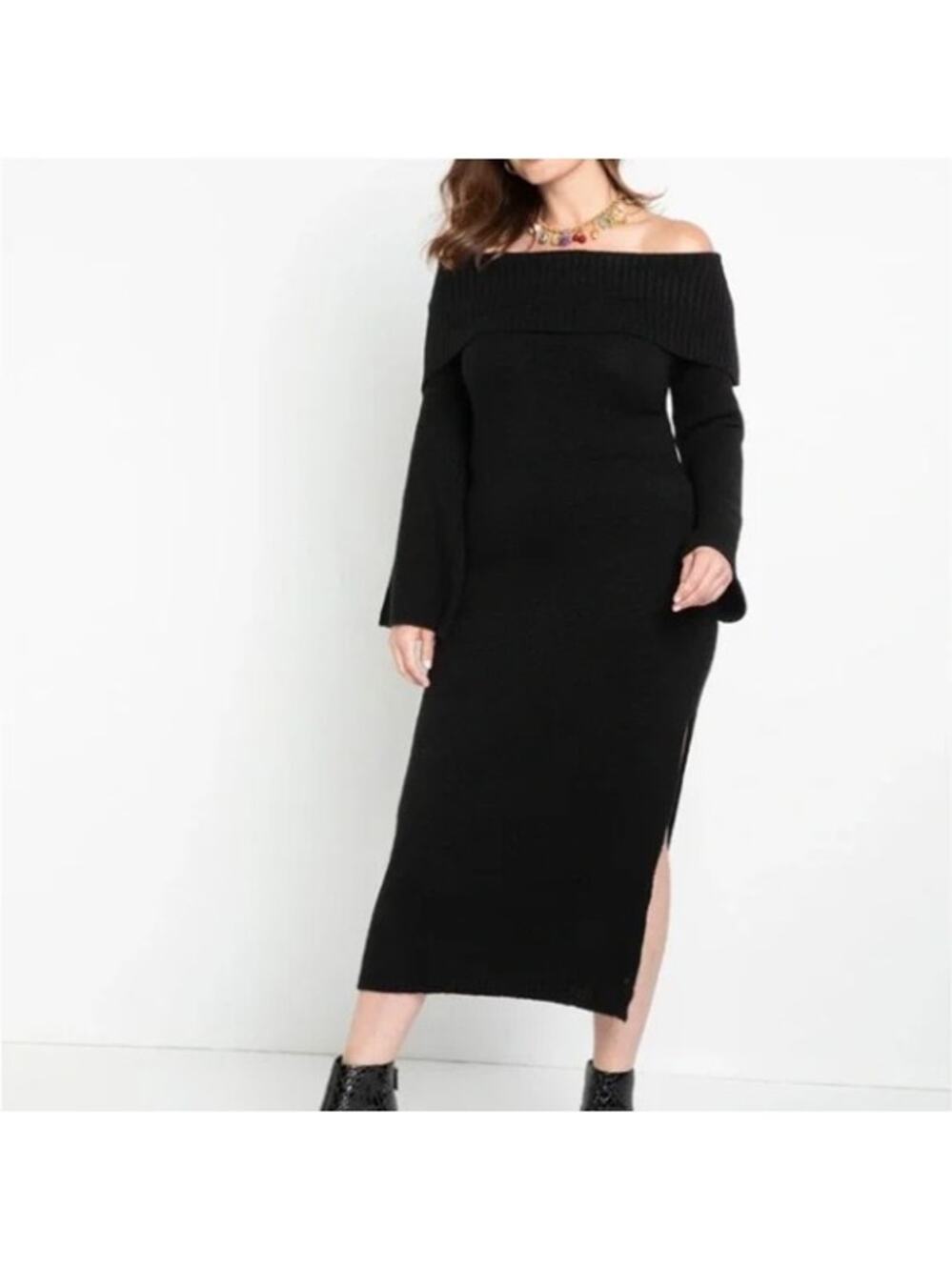 Eloquii Black Off the Shoulder Flare Sleeve Sweater Maxi Dress Size 26/28